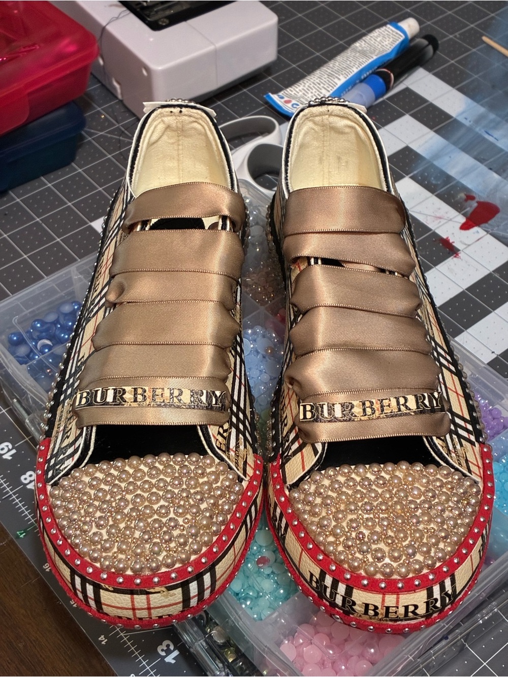 Satin Pearl-Embellished Check Slip-On Sneakers in Beige